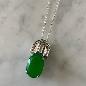 Art Deco Reproduction Pendant Necklace Jade Cubic Zirconia Sterling Silver 18”
